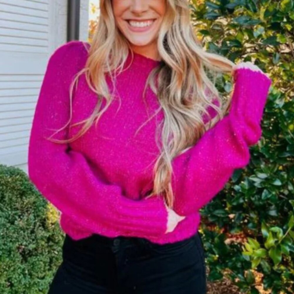 Z Supply Annie Puff Sleeve Sweater Crewneck Fuchsia Pink Size S